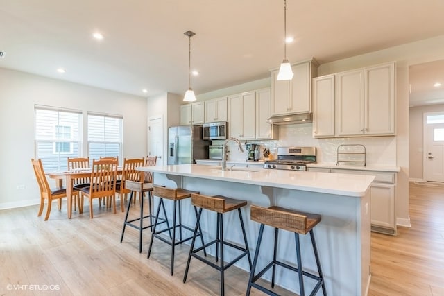 kitchen featuring hanging light fixtures, light wood-type flooring, an island with sink, stainless steel appliances, and decorative backsplash