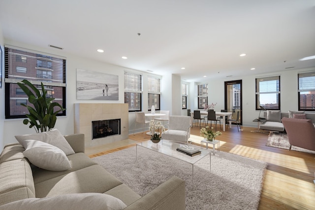 living room with a fireplace and light hardwood / wood-style flooring