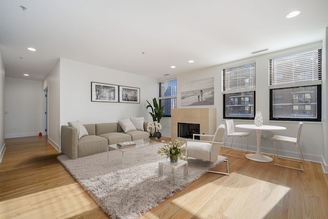 living room featuring light wood-type flooring and a tile fireplace