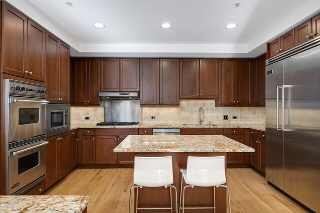 kitchen with light hardwood / wood-style floors, backsplash, built in appliances, light stone countertops, and sink