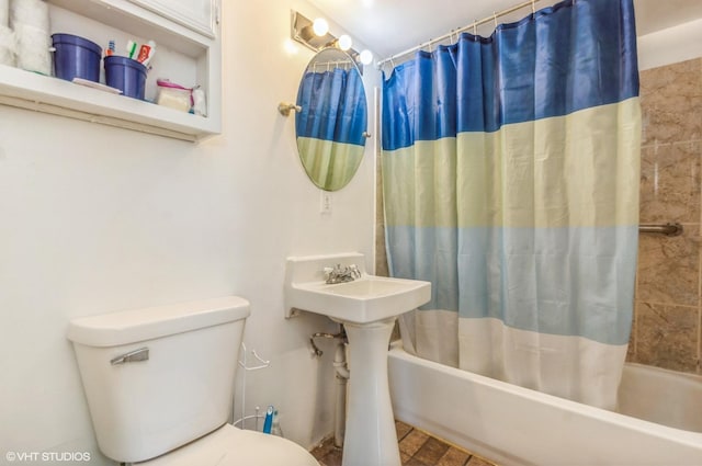 full bath featuring toilet and shower / bath combination with curtain