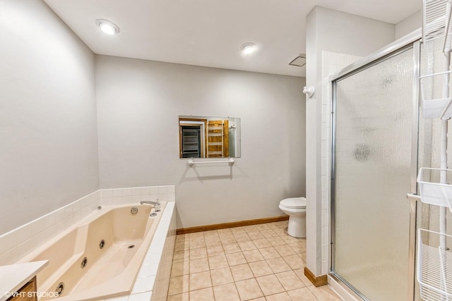 full bathroom featuring toilet, independent shower and bath, tile patterned floors, and vanity