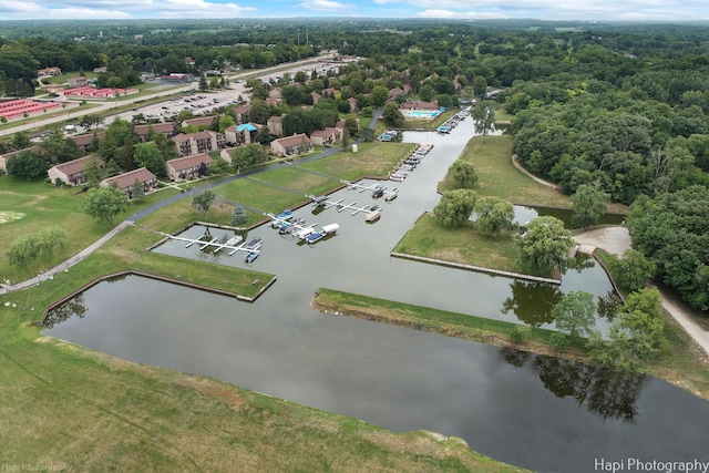 bird's eye view with a water view