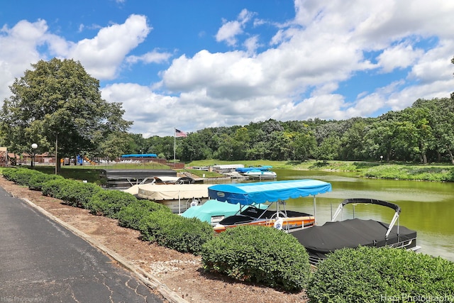 exterior space featuring a water view and a dock