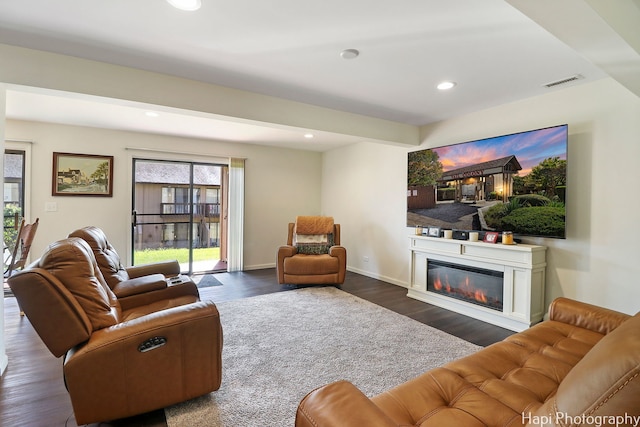 living room with dark hardwood / wood-style floors