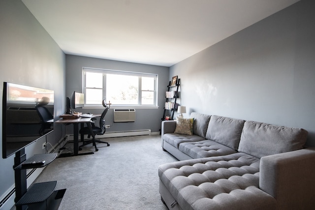 office space with light carpet, baseboard heating, and a wall mounted air conditioner