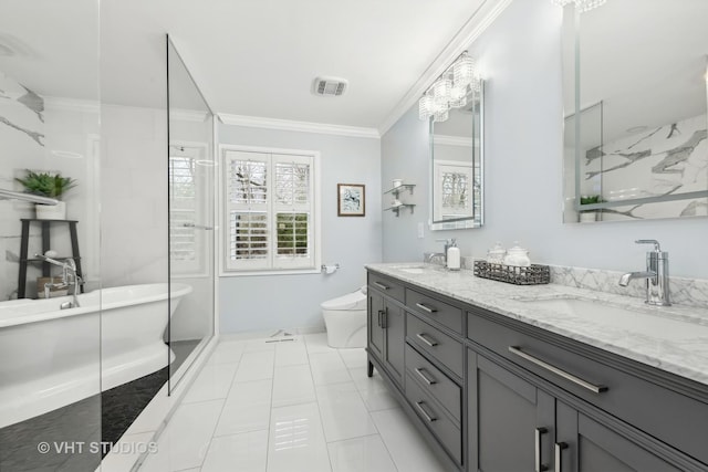 full bathroom with toilet, vanity, crown molding, and shower with separate bathtub