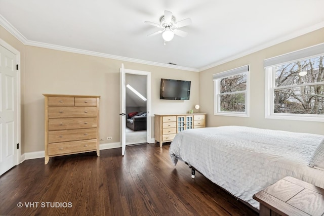 bedroom with ceiling fan, dark hardwood / wood-style floors, and ornamental molding