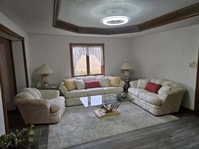 living room with ornamental molding, a textured ceiling, dark hardwood / wood-style floors, and a raised ceiling