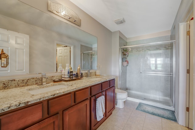 bathroom with tile patterned floors, a shower with door, vanity, and toilet