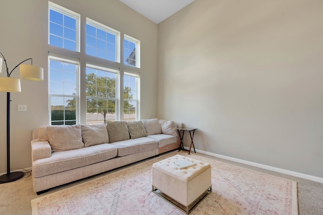 living room featuring a towering ceiling and carpet flooring