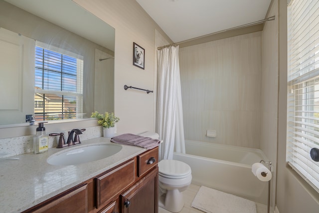 full bathroom with shower / tub combo with curtain, vanity, toilet, and tile patterned flooring