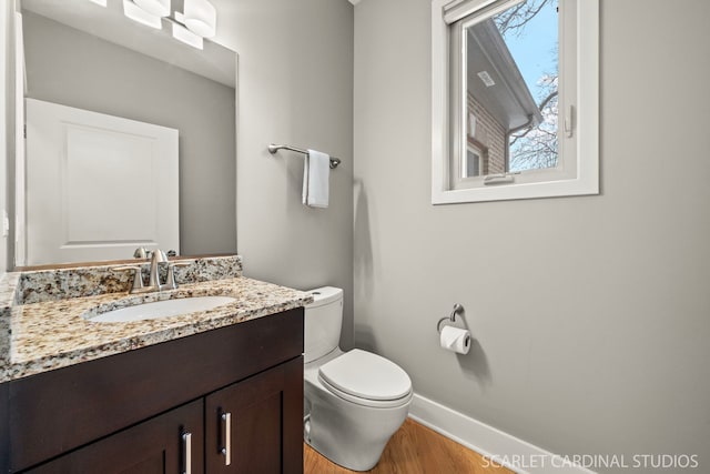 bathroom with vanity, toilet, and wood-type flooring