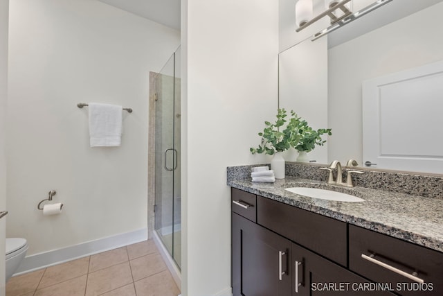 bathroom featuring vanity, toilet, an enclosed shower, and tile patterned flooring