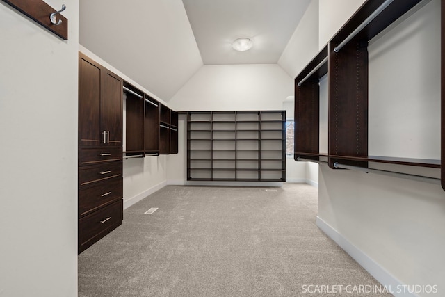 walk in closet with vaulted ceiling and light carpet