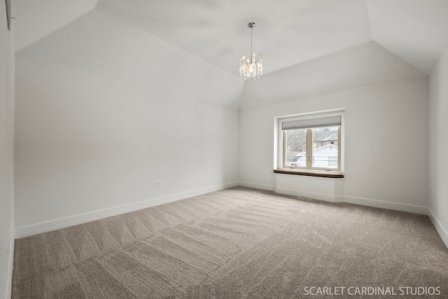 bonus room with an inviting chandelier, vaulted ceiling, and carpet flooring