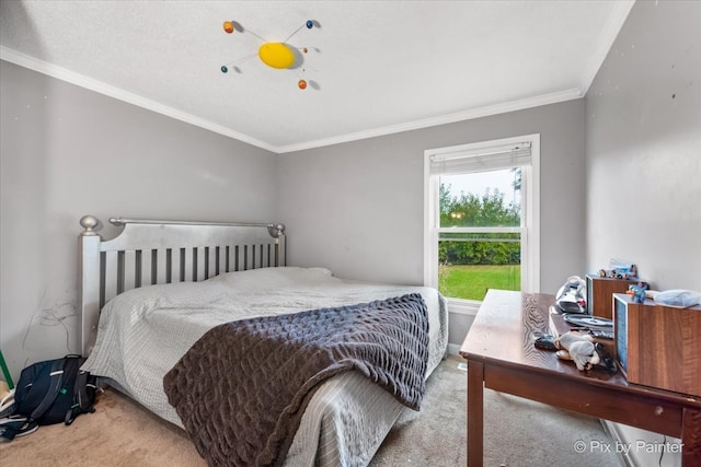 carpeted bedroom with crown molding