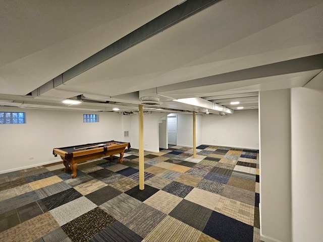 basement with billiards and dark colored carpet