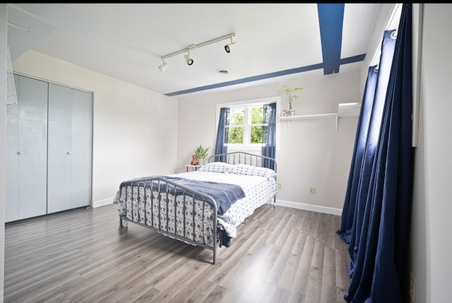 bedroom with a closet, hardwood / wood-style floors, and rail lighting