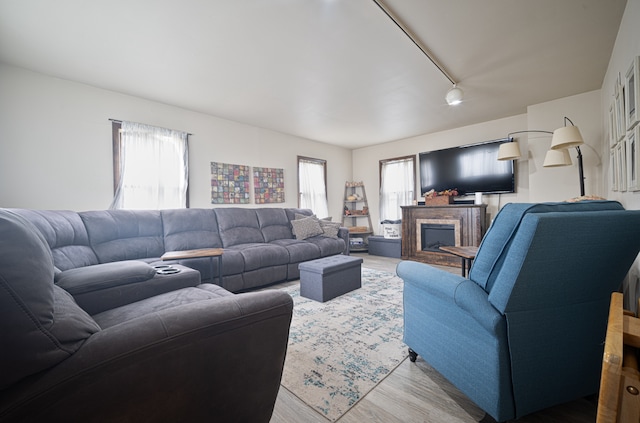 living room with track lighting and light hardwood / wood-style floors