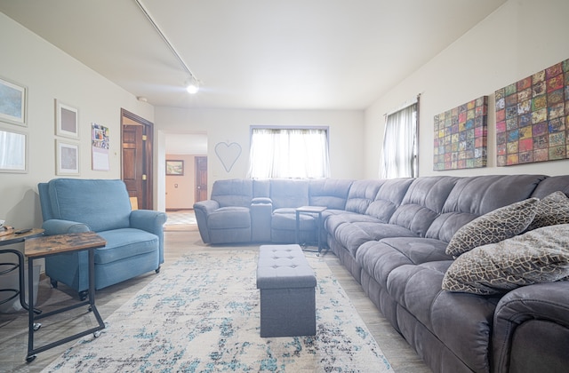 living room with light hardwood / wood-style floors and rail lighting