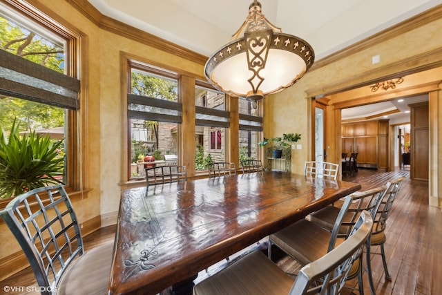 dining space with crown molding, a high ceiling, and dark wood-type flooring