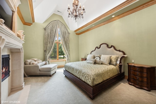 carpeted bedroom with ornamental molding, a notable chandelier, and vaulted ceiling