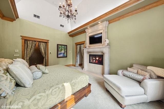 bedroom with a notable chandelier, lofted ceiling, light carpet, and crown molding