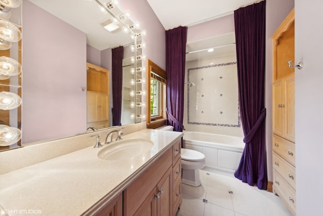 full bathroom with tile patterned flooring, shower / bath combo, vanity, and toilet