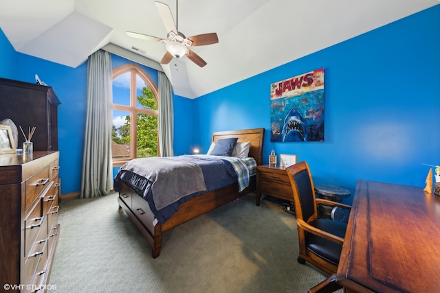 bedroom with lofted ceiling, light carpet, and ceiling fan