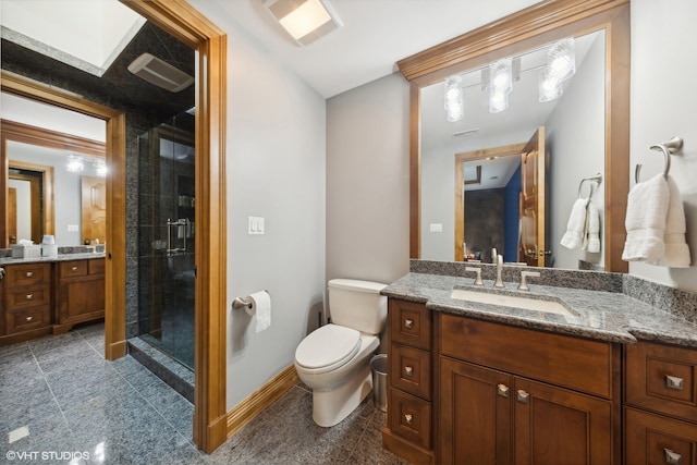 bathroom featuring lofted ceiling, vanity, toilet, and a shower with door