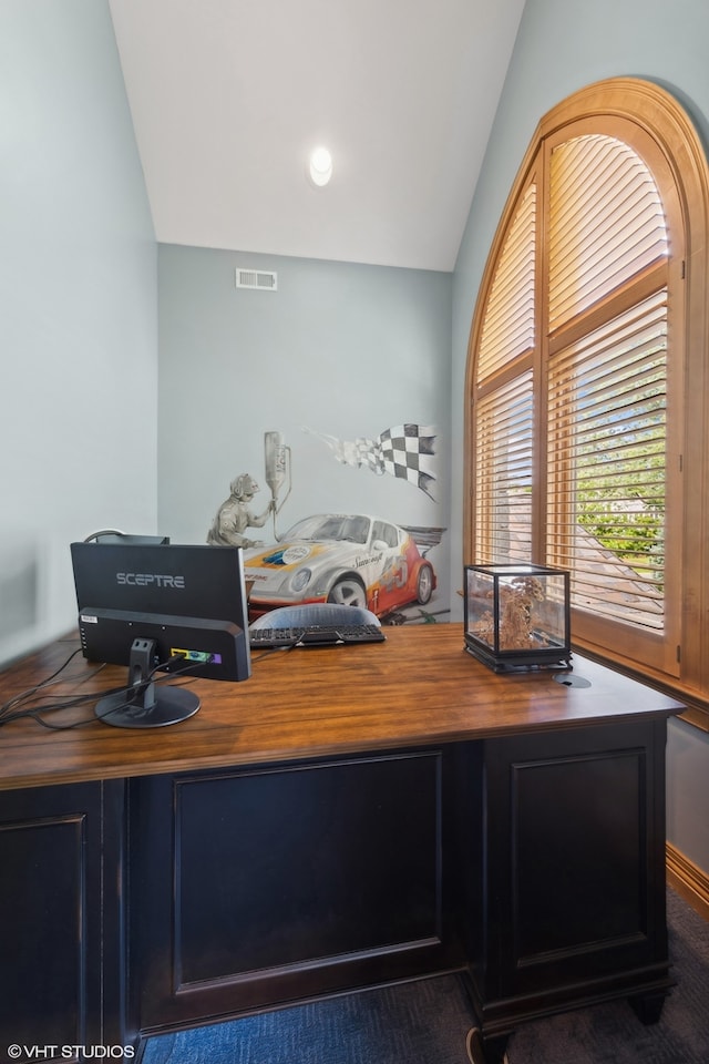 office featuring lofted ceiling