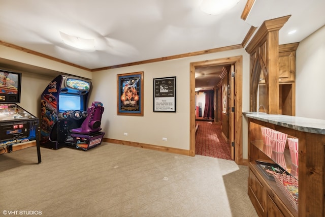 living area with crown molding, bar, and light colored carpet