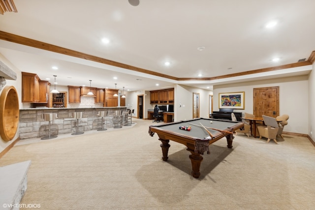 playroom with light colored carpet, bar area, billiards, and crown molding