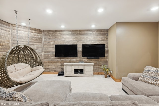 living room with light colored carpet and a fireplace