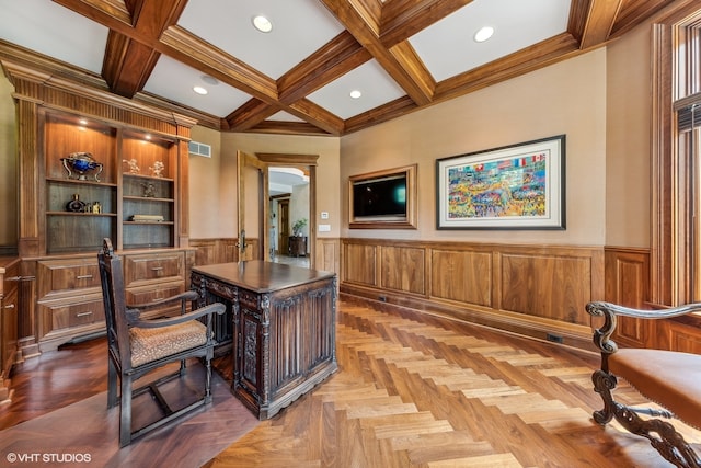 office area featuring parquet flooring, coffered ceiling, and beamed ceiling