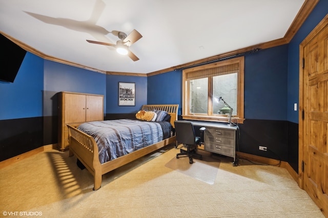 bedroom featuring ceiling fan, light colored carpet, and ornamental molding