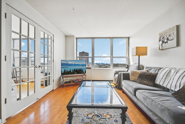 living room with light hardwood / wood-style floors and french doors