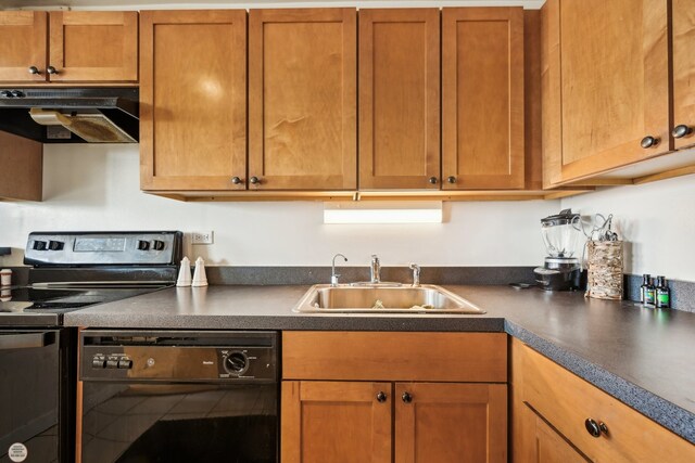 kitchen with black dishwasher, sink, range with electric cooktop, and ventilation hood