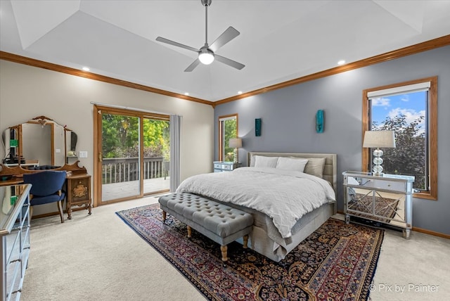 bedroom with light carpet, ceiling fan, access to outside, and crown molding