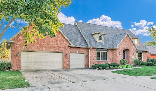 front facade with a front lawn and a garage