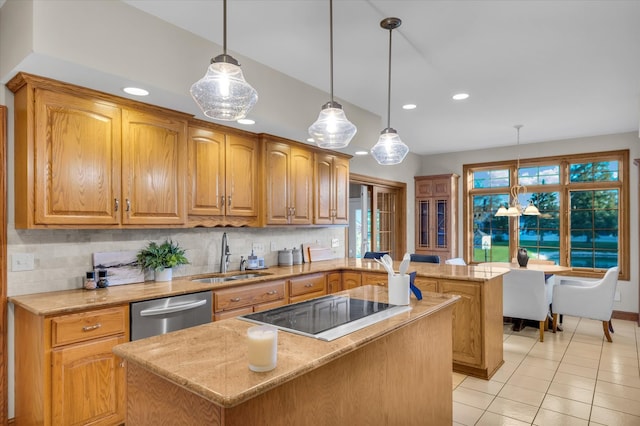 kitchen featuring decorative backsplash, sink, a center island, decorative light fixtures, and stainless steel dishwasher