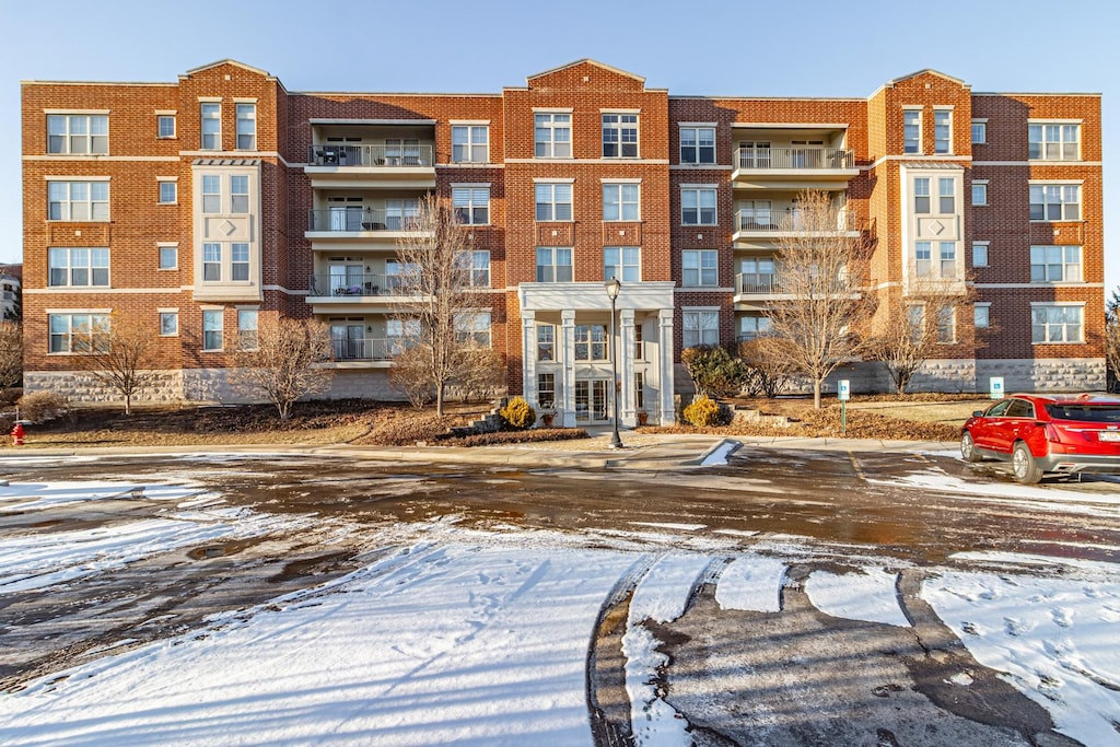 view of snow covered building