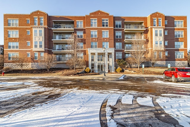 view of snow covered building