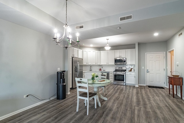 kitchen featuring white cabinetry, appliances with stainless steel finishes, pendant lighting, and backsplash