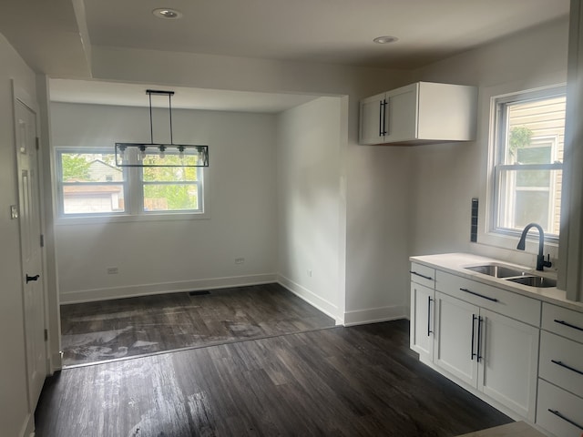 kitchen with a wealth of natural light, dark hardwood / wood-style floors, sink, and white cabinetry