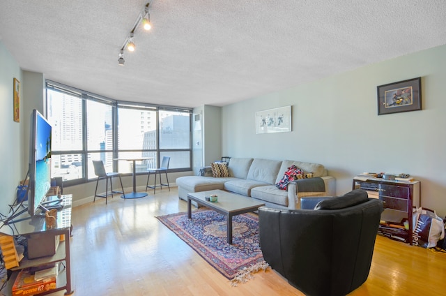 living room with light hardwood / wood-style flooring and a textured ceiling