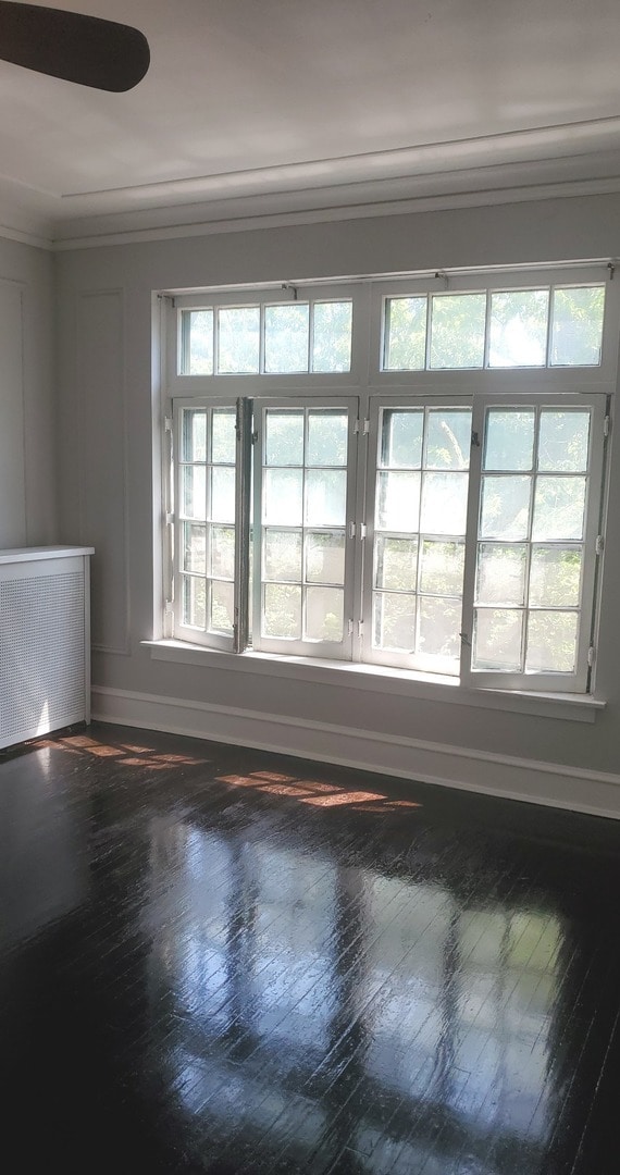 unfurnished room with ornamental molding, ceiling fan, and dark wood-type flooring