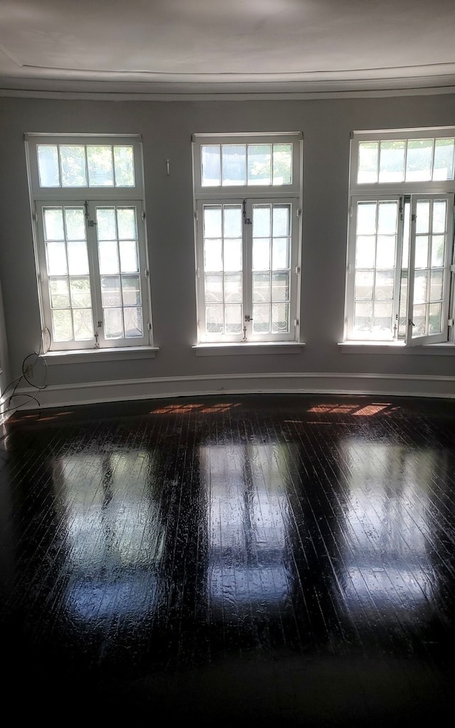 empty room featuring ornamental molding, a wealth of natural light, and dark hardwood / wood-style flooring