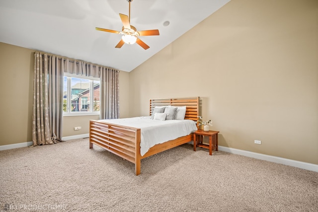 bedroom with ceiling fan, carpet flooring, and high vaulted ceiling